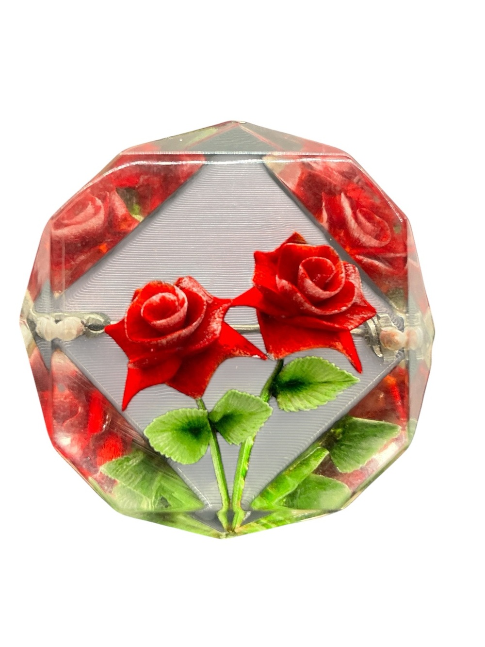 Vintage Mid-Century Clear Acrylic Intaglio 3D Flower Pin Vintage Roses